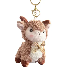 Cute plush lamb keychain with striped bow and curly brown fur stuffed gift