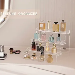 Professional 3-tier clear acrylic perfume organizer stand with elegant display of bottles
