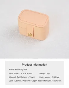 Detailed product specifications of the peach portable jewelry ring box with dimensions 6.5x4.5x4cm