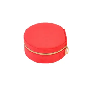 Vintage red velvet portable mini jewelry box with oval design and golden zipper closure