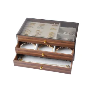 Boîte à bijoux élégante en bois de noyer à 3 niveaux avec couvercle transparent