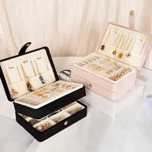 Boîte à Bijoux Double Couche Flanelle Cuir PU Grande Capacité Organisateur Pour Bagues Boucles d'Oreilles Colliers Rangement Femme