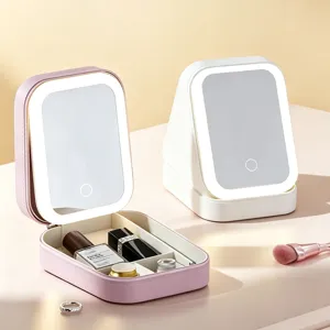 Multifunctional LED Light Makeup Mirror Jewelry Box Portable Leather Folding Cosmetic Storage Case With Adjustable Color Modes