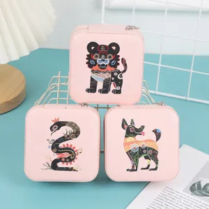 Portagioie portatili in pelle PU rosa con stampe creative di simpatici animali zodiacali