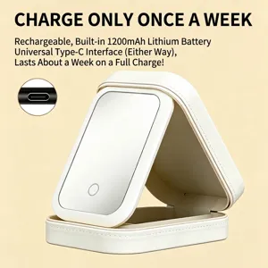 Portable LED makeup mirror jewelry box with 1200mAh battery and Type-C charging port
