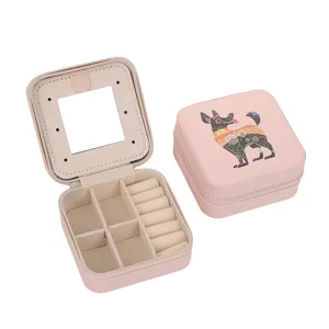Portagioie quadrato rosa portatile con stampa zodiacale di cane colorato e specchio