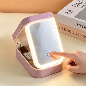 Portable LED makeup mirror jewelry box with 3-color adjustable lighting