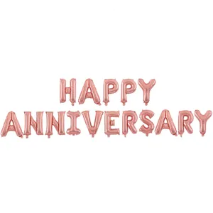 Detailed view of 16 inch rose gold Happy Anniversary foil balloons for party decoration