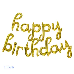 Detail of gold lowercase 'happy birthday' cursive foil balloons measuring 18 inches.