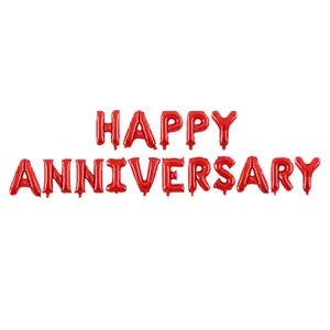 Vibrant red 16-inch foil balloons spelling out HAPPY ANNIVERSARY for celebrations
