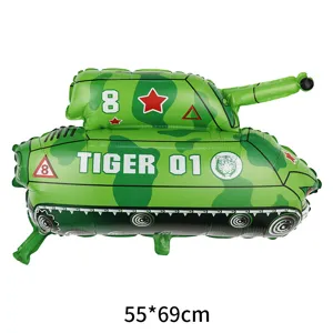 Green camouflage tank shaped foil balloon for military themed birthday party decor 55x69cm