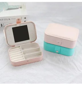 Interior detail of portable PU leather jewelry box with mirror and ring slots