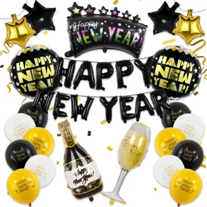 Kit décoration de fête Happy New Year avec ballons et formes de bouteille en alu.