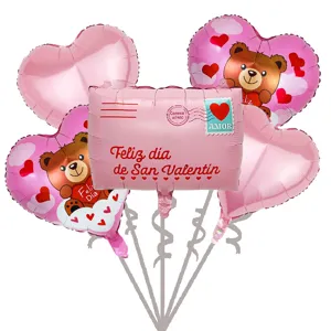 Pink Valentine's Day foil balloon set with hearts, envelope and teddy bear motifs
