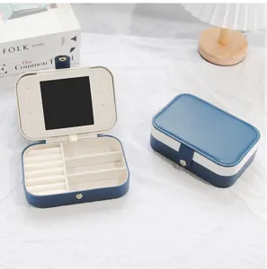 Portable navy blue PU leather jewelry box with mirror and interior storage compartments