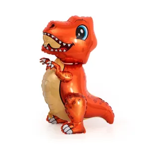 Side view of a large 3D standing orange Tyrannosaurus Rex dinosaur foil balloon for parties