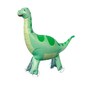 Grand ballon en aluminium Brachiosaurus vert debout avec roues pour déco de fête