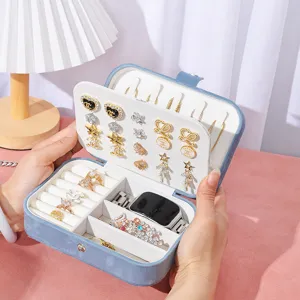 Boîte à Bijoux Portable en Velours Double Couche pour Boucles d'Oreilles Colliers Bagues Style Coréen Organisateur de Voyage pour Femmes
