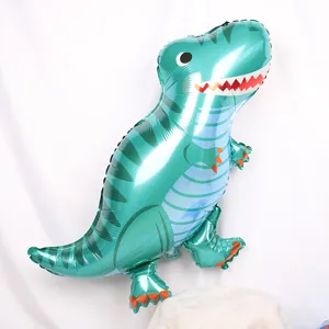 Detailed side view of a green 3D standing T-Rex dinosaur foil balloon for party