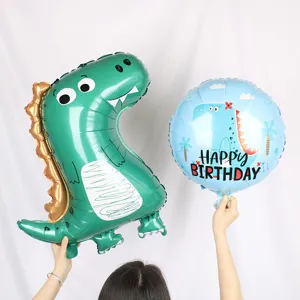 Green 3D dinosaur balloon and round blue happy birthday foil balloon for party decor
