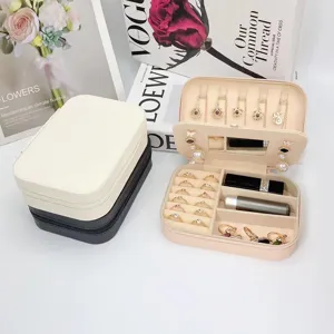 Portagioie Portatile in Pelle PU Con Specchio Mini Custodia da Viaggio Multifunzionale Organizer Con Cerniera per Orecchini Anelli Collane