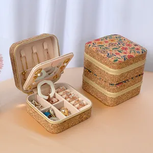 Vintage portable cork jewelry box with floral print and interior mirror for travel