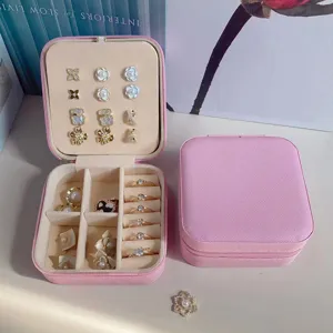 Boîte à Bijoux Portable en Cuir PU Petite Double Couche Voyage Boucles d'Oreilles Bague Rangement Organisateur Étui Avec Fermeture Éclair Doublure Douce Femme