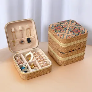 Vintage floral print portable cork jewelry storage box for travel rings and necklaces organizer