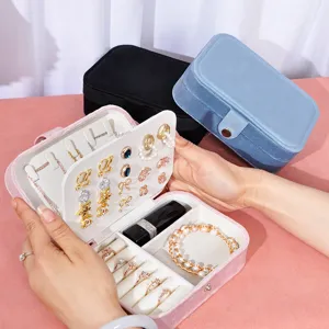 Boîte à bijoux élégante en velours rose à deux couches pour bagues et boucles d'oreilles