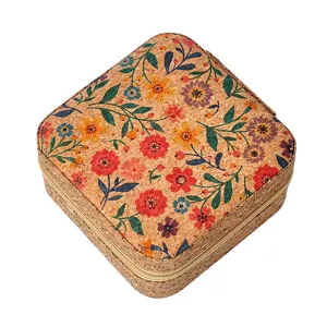 Vintage floral portable jewelry box with cork texture for travel storage organization