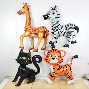 Large 3D cartoon animal foil balloons set including giraffe, zebra, tiger and cat