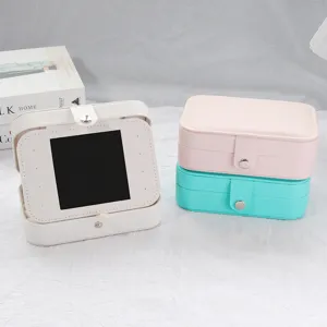 Portable PU leather jewelry storage box with mirror for earrings and rings