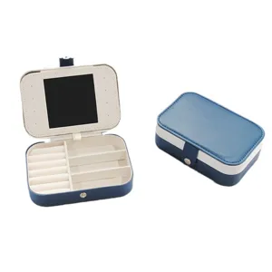 Portable PU leather jewelry box with mirror, dual-color flip-top organizer for rings and earrings