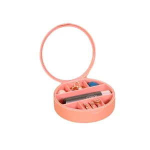 Boîte à bijoux de voyage rose avec miroir et compartiments pour bagues et colliers