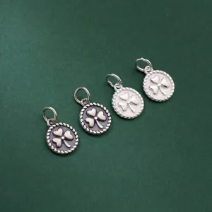 Ciondolo a Piastra Rotonda in Argento Sterling 925 con Trifoglio Portafortuna Retrò Antico Fai da Te Ciondoli per Bracciale Collana