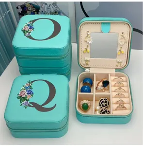 Boîte à bijoux portable bleu Tiffany avec miroir et couvercle en cuir PU à lettres florales