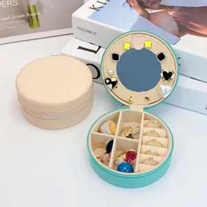 Joyero circular portátil de cuero PU con espejo para guardar anillos y pendientes organizador