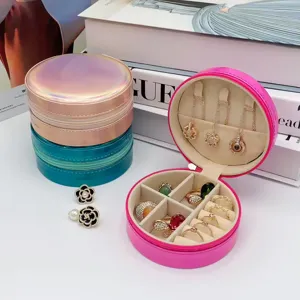 Portable round holographic jewelry storage box with zipper for rings and necklaces