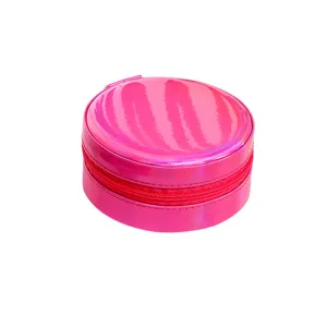 Portable round holographic pink laser jewelry storage box with secure zipper closure