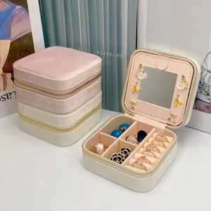 Tragbares Samt Schmuckkästchen mit Spiegel Reise Schmuck Organizer Mini Reißverschluss Aufbewahrung für Ringe Ohrringe