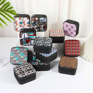 Portable PU Leather Jewelry Storage Box Mini Square Travel Jewelry Organizer With Printed Pattern For Rings Earrings Necklaces
