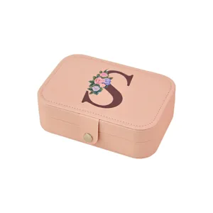 Joyero portátil de cuero PU rosa con un elegante diseño de inicial S con flores
