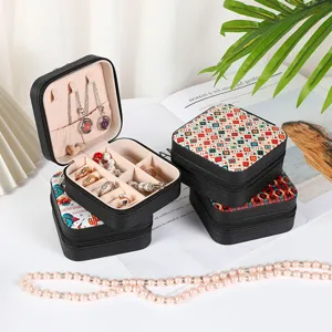 Portable square jewelry storage organizer with colorful ethnic patterns for rings and necklaces