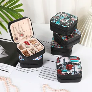 Portable square jewelry organizer box with colorful printed patterns for rings and necklaces