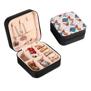 Portable jewelry organizer box featuring western cowboy patterns and secure zipper closure.