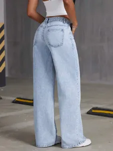 Back view detail of high-waisted light blue washed wide-leg denim jeans for women