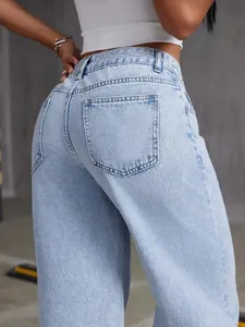 Rear view of light blue wide-leg jeans with classic pockets and a high-waisted fit.