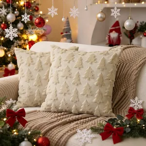 Cozy beige Christmas plush pillow covers with quilted tree pattern for holiday sofa decor