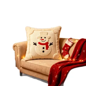 Festive Christmas snowman plush pillow cover with quilted design for sofa decor.