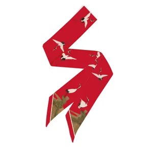 Elegante sciarpa stretta in seta rossa stile cinese con stampa gru per capelli e borse